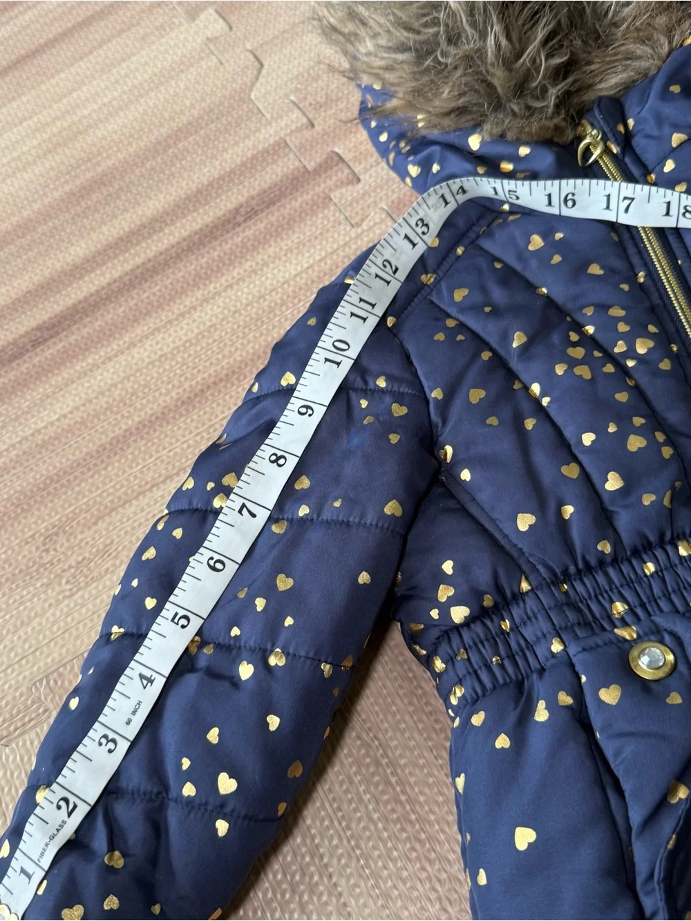 Rothschild 1881 Girls 2T Navy Gold Heart Puffer Coat Faux Fur Hood Winter Jack